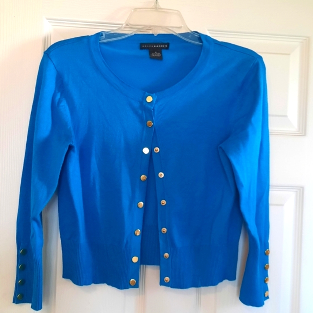 Grace Elements Bright Blue Cardigan Sweater Gold Buttons